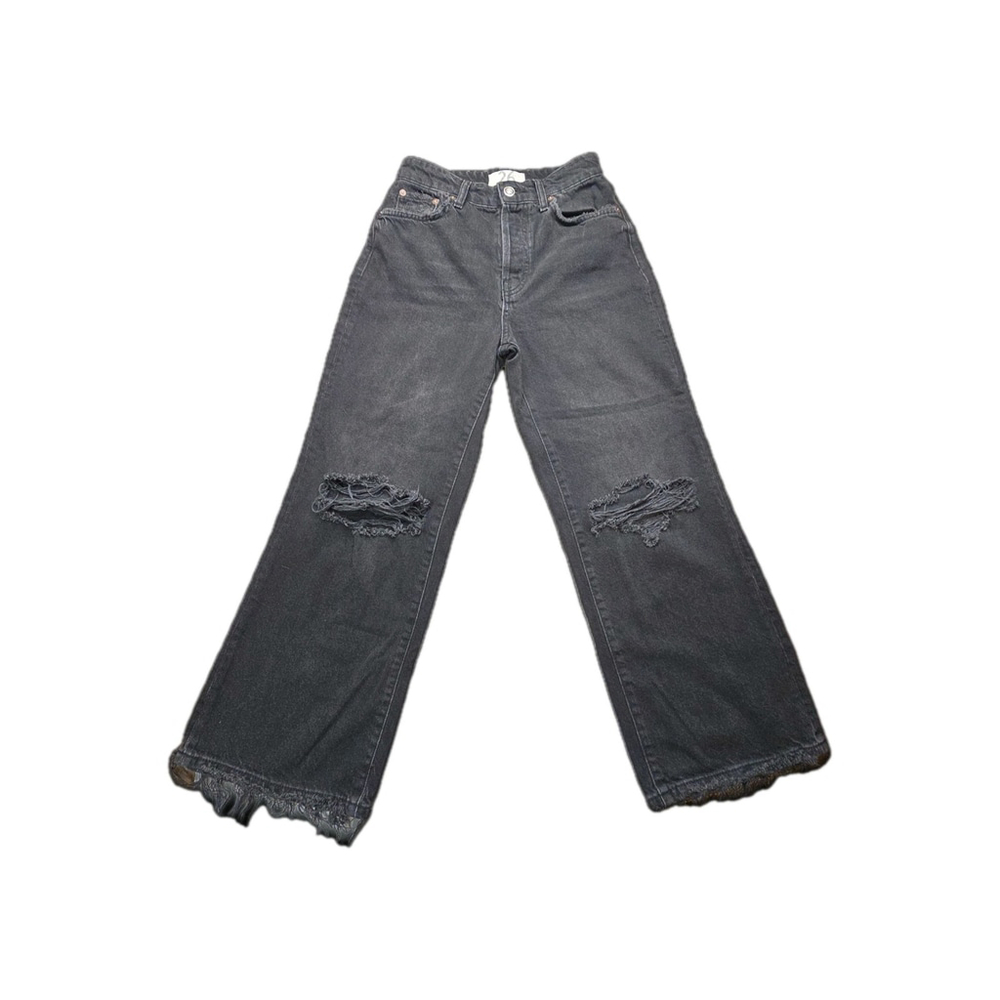 Free People We The Free Distressed Black Wide Leg Jeans Raw Hem Size 26